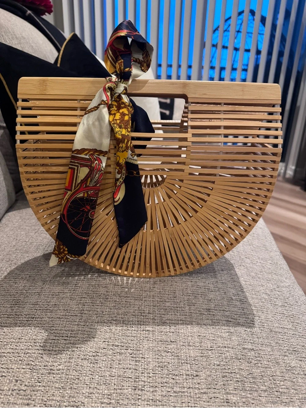 Natural Bamboo Semi-Circle Clutch with Decorative Scarf